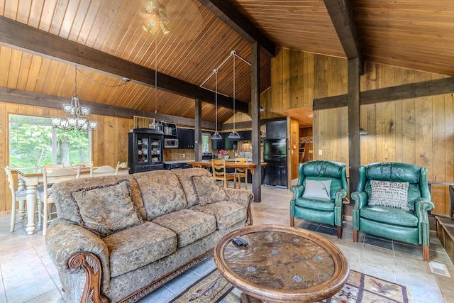 living area featuring wood walls, a chandelier, and wooden ceiling