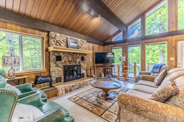 living area with beam ceiling, wood walls, and a stone fireplace