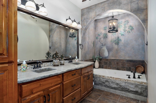 full bath featuring double vanity and a garden tub