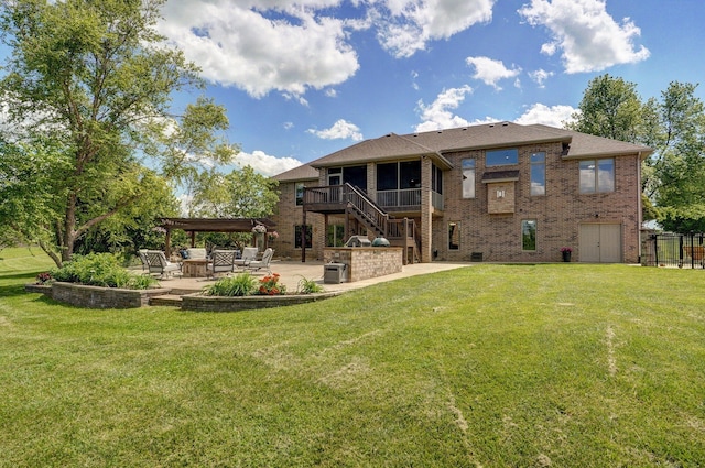 rear view of property with a patio, brick siding, a pergola, stairs, and a sunroom