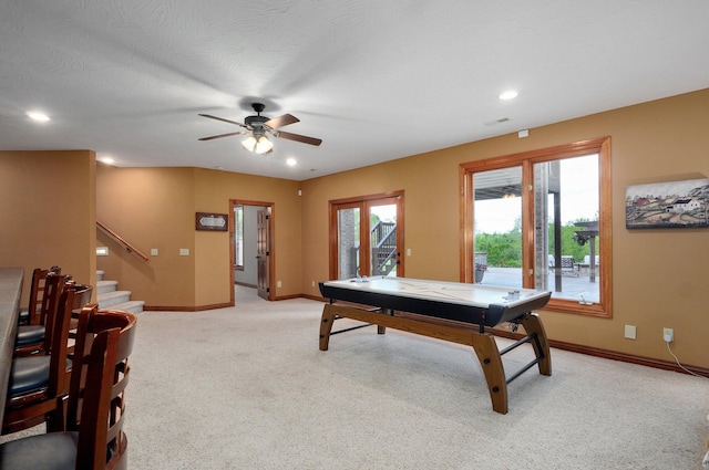 game room featuring light carpet, baseboards, a ceiling fan, and recessed lighting