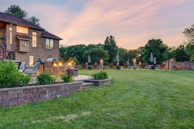 view of yard featuring an outdoor kitchen and a patio area