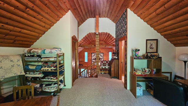 carpeted home office with lofted ceiling and wood ceiling