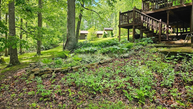 view of yard featuring a wooden deck and stairway