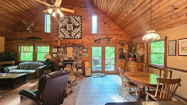 dining area with high vaulted ceiling, wooden ceiling, healthy amount of natural light, a ceiling fan, and wood walls