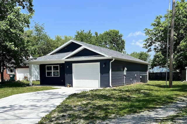 single story home with an attached garage, concrete driveway, and roof with shingles