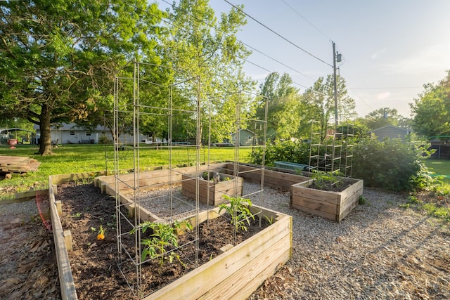 view of community featuring a garden and a lawn