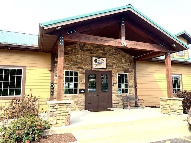 entrance to property with stone siding, french doors, and metal roof