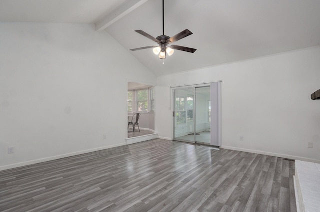 2857 E Linwood St, Springfield, MO 65804 - spare room with beam ceiling, ceiling fan, wood finished floors, baseboards, and high vaulted ceiling