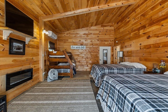 bedroom featuring wooden ceiling, vaulted ceiling, wooden walls, a fireplace, and carpet flooring