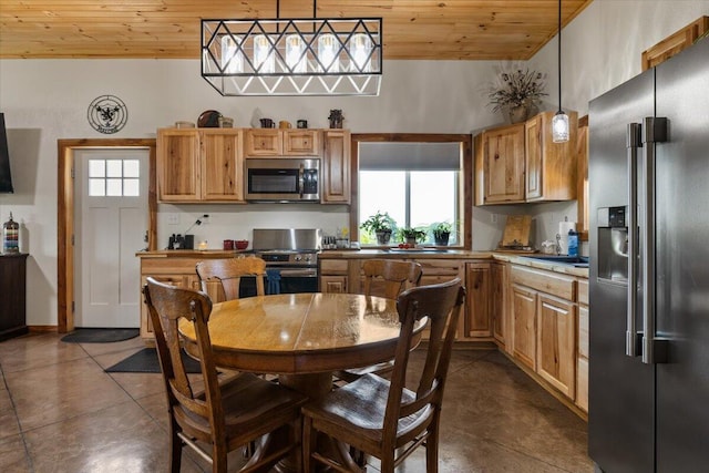 kitchen with stainless steel appliances, wooden ceiling, healthy amount of natural light, and decorative light fixtures
