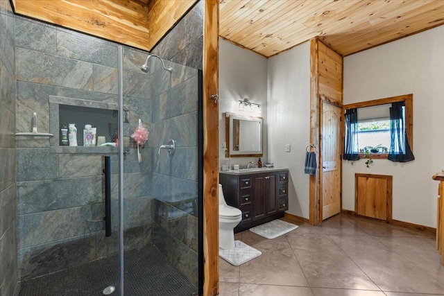 full bathroom with a shower stall, vanity, wooden ceiling, baseboards, and vaulted ceiling