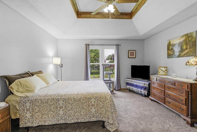 2515 S Laurel Ave, Springfield, MO 65807 - bedroom featuring a raised ceiling, light carpet, a ceiling fan, and vaulted ceiling