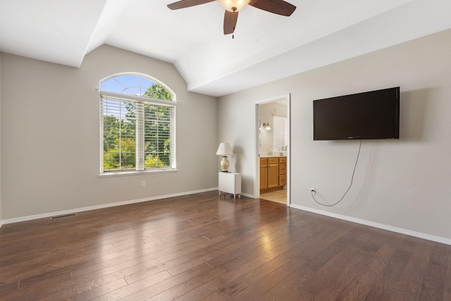 40 Overton Ct, Kimberling City, MO 65686 - unfurnished bedroom featuring vaulted ceiling, dark wood-style flooring, baseboards, and ceiling fan