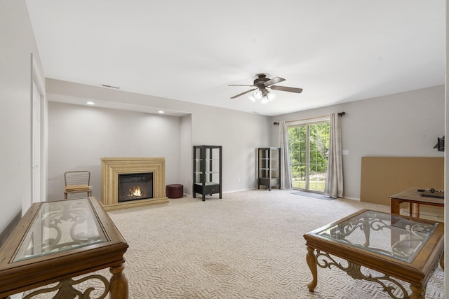 40 Overton Ct, Kimberling City, MO 65686 - living room featuring ceiling fan, a glass covered fireplace, carpet flooring, baseboards, and recessed lighting
