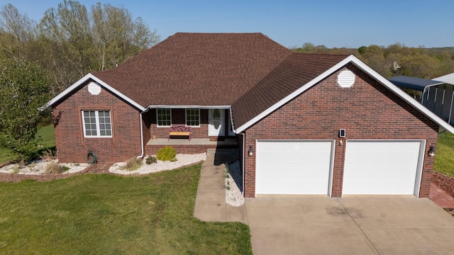 1888 S High Rdg, Nixa, MO 65714 - view of front of home with concrete driveway, brick siding, a front yard, and a garage