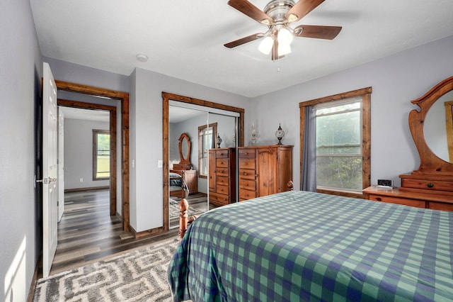 2121 E 505th Rd, Halfway, MO 65663 - bedroom with wood finished floors, multiple windows, a closet, and a ceiling fan