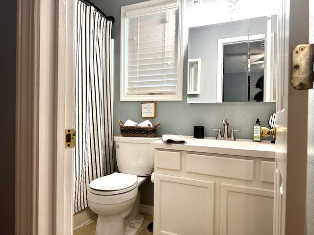 64 Deer Park Cir, Kimberling City, MO 65686 - bathroom with toilet, vanity, tile patterned flooring, and a shower with curtain