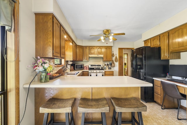1065 Nicks Rd, Bradleyville, MO 65614 - kitchen featuring stainless steel appliances, a sink, ceiling fan, a peninsula, and light countertops