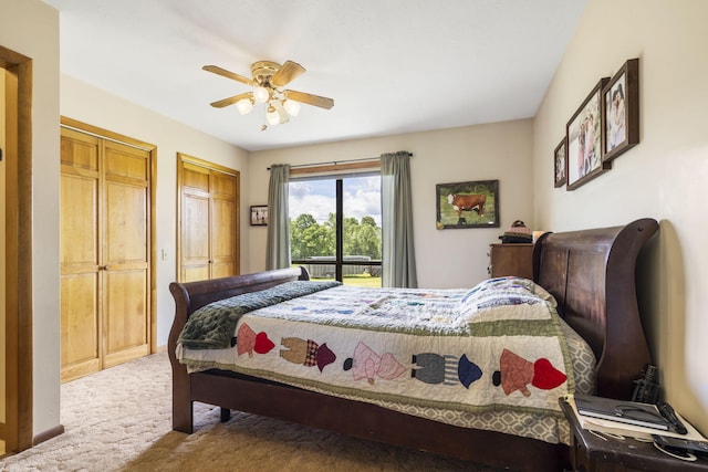 1065 Nicks Rd, Bradleyville, MO 65614 - bedroom featuring carpet floors, two closets, ceiling fan, and access to exterior