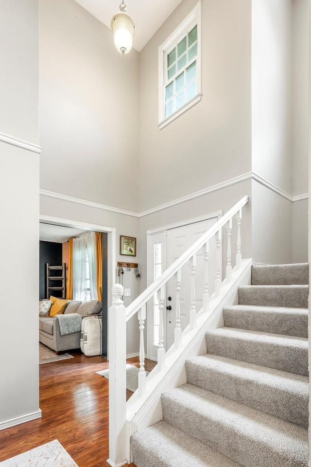 178 S Peach Tree Ln, Republic, MO 65738 - stairs with a towering ceiling, wood finished floors, and baseboards