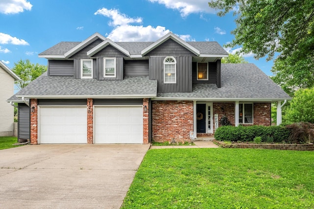 178 S Peach Tree Ln, Republic, MO 65738 - view of front facade with a front yard, concrete driveway, roof with shingles, brick siding, and an attached garage