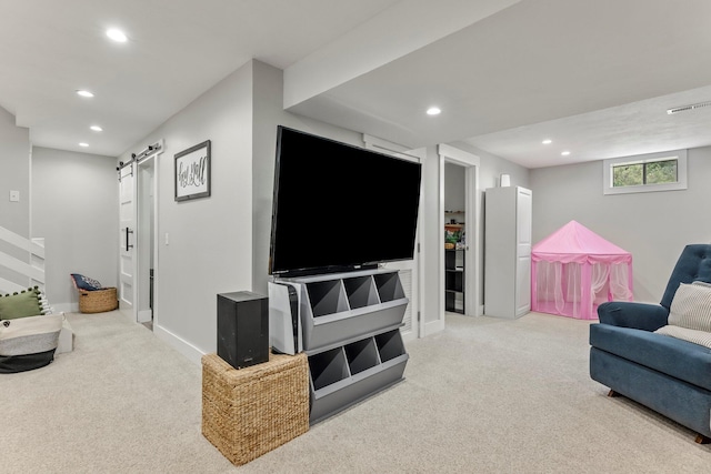 178 S Peach Tree Ln, Republic, MO 65738 - carpeted living room featuring a barn door, recessed lighting, and baseboards