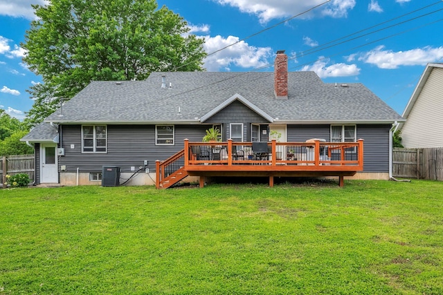178 S Peach Tree Ln, Republic, MO 65738 - rear view of property with a wooden deck, a chimney, roof with shingles, and central AC unit