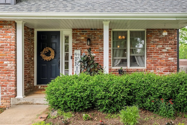 178 S Peach Tree Ln, Republic, MO 65738 - property entrance featuring a shingled roof, a porch, and brick siding