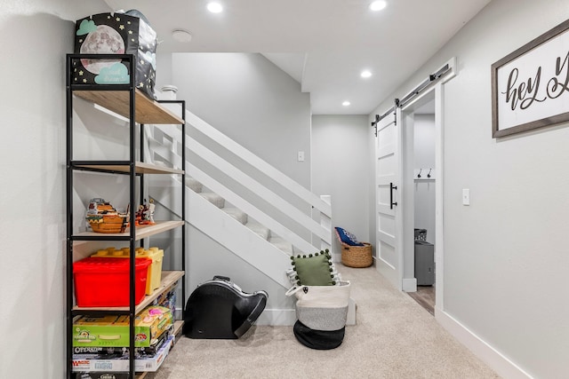 178 S Peach Tree Ln, Republic, MO 65738 - interior space with a barn door, carpet, recessed lighting, and baseboards