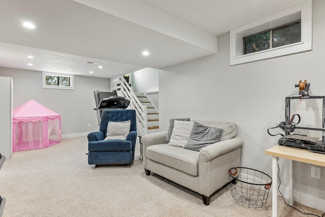 178 S Peach Tree Ln, Republic, MO 65738 - living area with recessed lighting, stairway, carpet, and baseboards