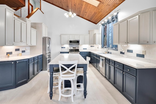1052 Broken Arrow Estates Rd, Lampe, MO 65681 - kitchen featuring stainless steel appliances, wooden ceiling, a sink, tasteful backsplash, and blue cabinetry