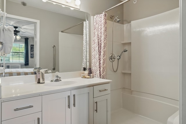 bathroom featuring a shower with curtain, vanity, and ceiling fan