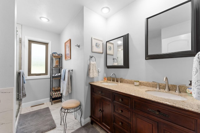 77 Johnson Way Ln, Kimberling City, MO 65686 - full bath featuring marble look tile flooring, double vanity, and baseboards