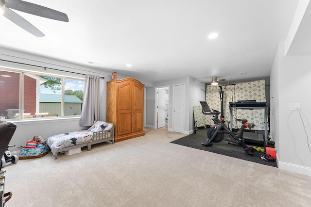 77 Johnson Way Ln, Kimberling City, MO 65686 - workout room with carpet flooring, ceiling fan, baseboards, and recessed lighting
