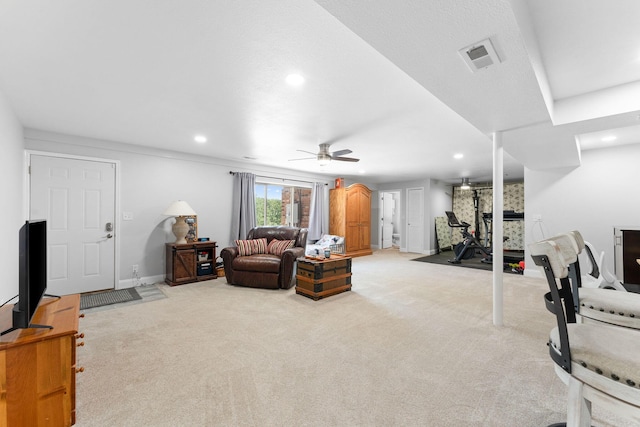 77 Johnson Way Ln, Kimberling City, MO 65686 - living room with light carpet, recessed lighting, baseboards, and a ceiling fan