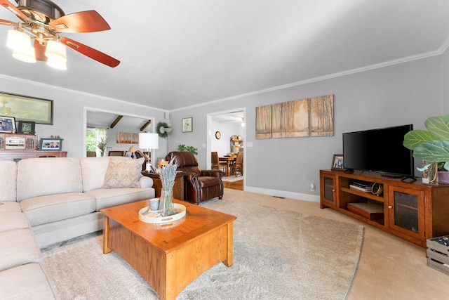 77 Johnson Way Ln, Kimberling City, MO 65686 - carpeted living area featuring ceiling fan, crown molding, and baseboards