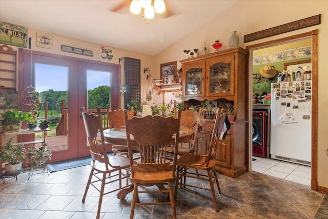 6203 County Road 1750, West Plains, MO 65775 - dining room with french doors, ceiling fan, vaulted ceiling, and washer / dryer