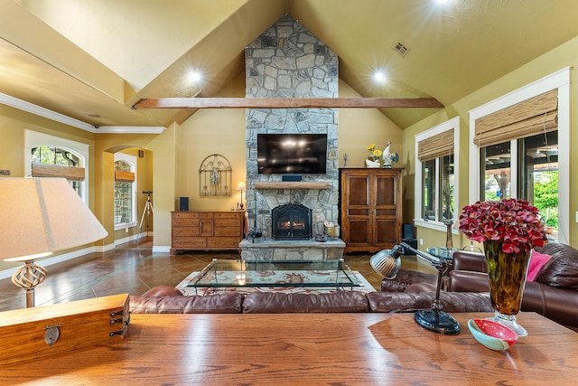 315 Buckskin Rdg, Pineville, MO 64856 - living room with vaulted ceiling, baseboards, a stone fireplace, and recessed lighting