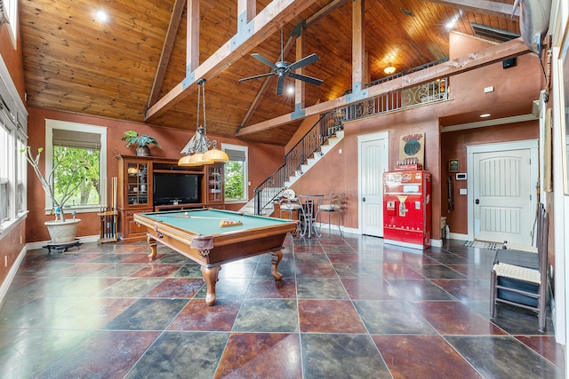 315 Buckskin Rdg, Pineville, MO 64856 - recreation room featuring baseboards, wood ceiling, billiards, high vaulted ceiling, and beam ceiling