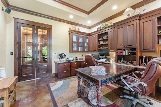 315 Buckskin Rdg, Pineville, MO 64856 - office with french doors, ornamental molding, recessed lighting, and a raised ceiling