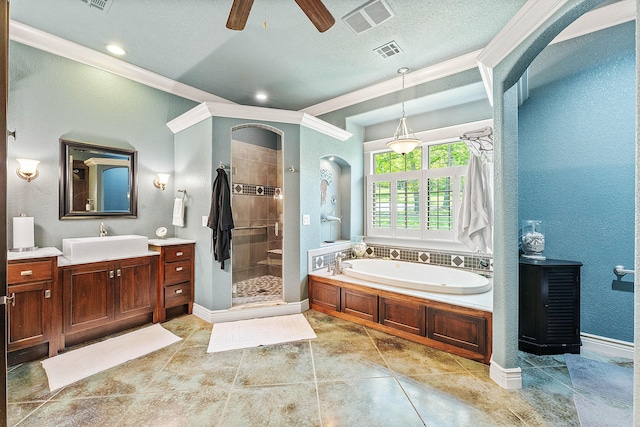 315 Buckskin Rdg, Pineville, MO 64856 - full bathroom with a stall shower, crown molding, a bath, a ceiling fan, and vanity