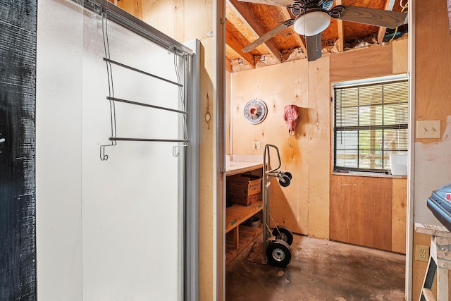 315 Buckskin Rdg, Pineville, MO 64856 - bathroom featuring concrete flooring, a ceiling fan, and beam ceiling