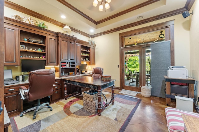 315 Buckskin Rdg, Pineville, MO 64856 - office space with built in study area, crown molding, a tray ceiling, and light tile patterned floors