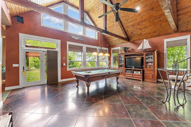 315 Buckskin Rdg, Pineville, MO 64856 - game room with baseboards, wooden ceiling, high vaulted ceiling, beamed ceiling, and billiards table