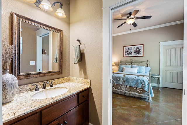 315 Buckskin Rdg, Pineville, MO 64856 - bathroom with crown molding, a textured wall, a ceiling fan, tile patterned floors, and vanity