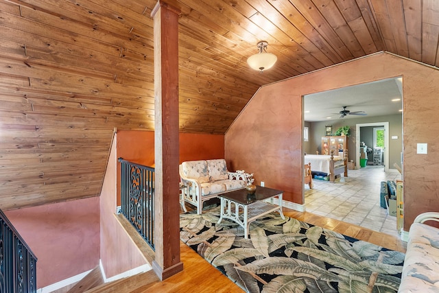 315 Buckskin Rdg, Pineville, MO 64856 - sitting room with lofted ceiling, an upstairs landing, wooden ceiling, wood finished floors, and ceiling fan