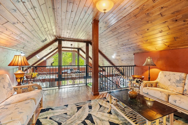 315 Buckskin Rdg, Pineville, MO 64856 - living room featuring wooden ceiling, hardwood / wood-style floors, and vaulted ceiling