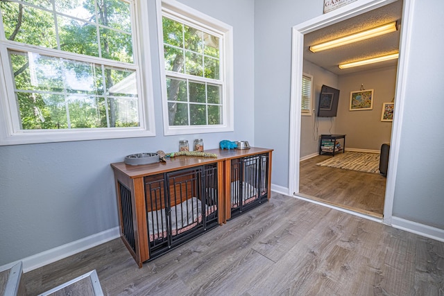corridor with wood finished floors and baseboards