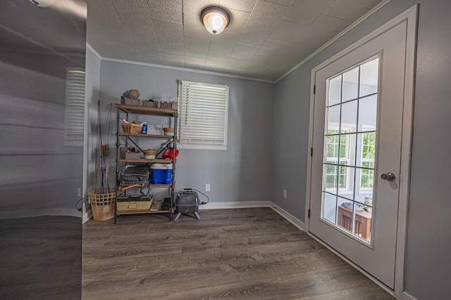 interior space with crown molding, wood finished floors, and baseboards